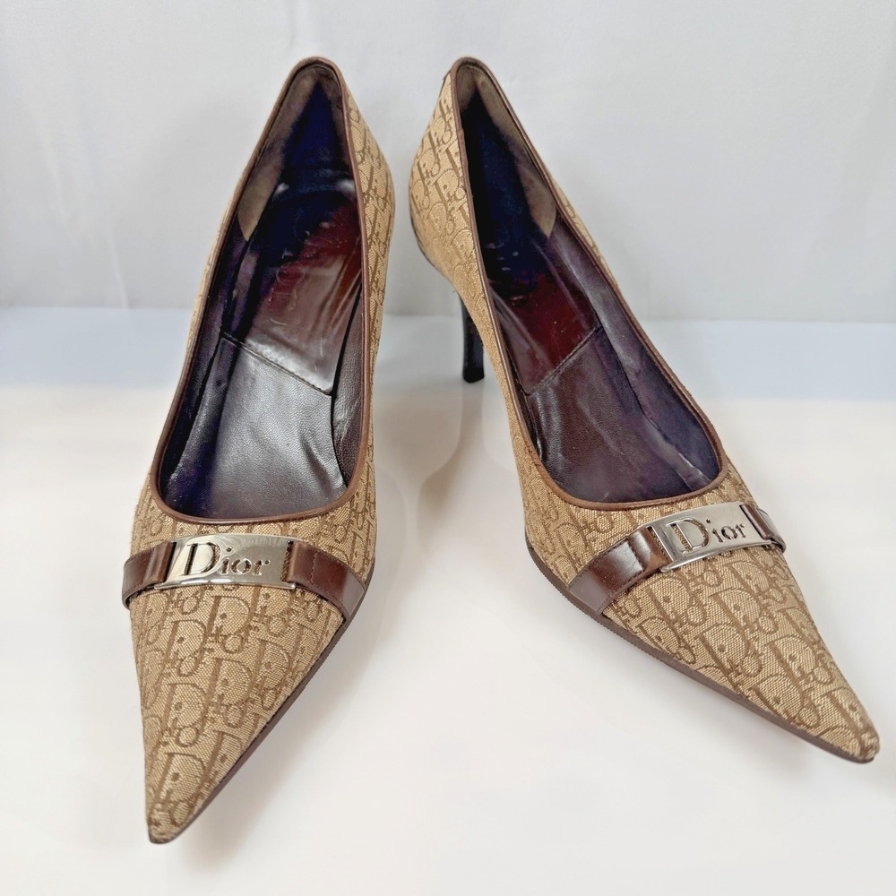Christian Dior High Heel Shoes 2000s Diorissimo Monogram Leather Trim 38.5/7.5